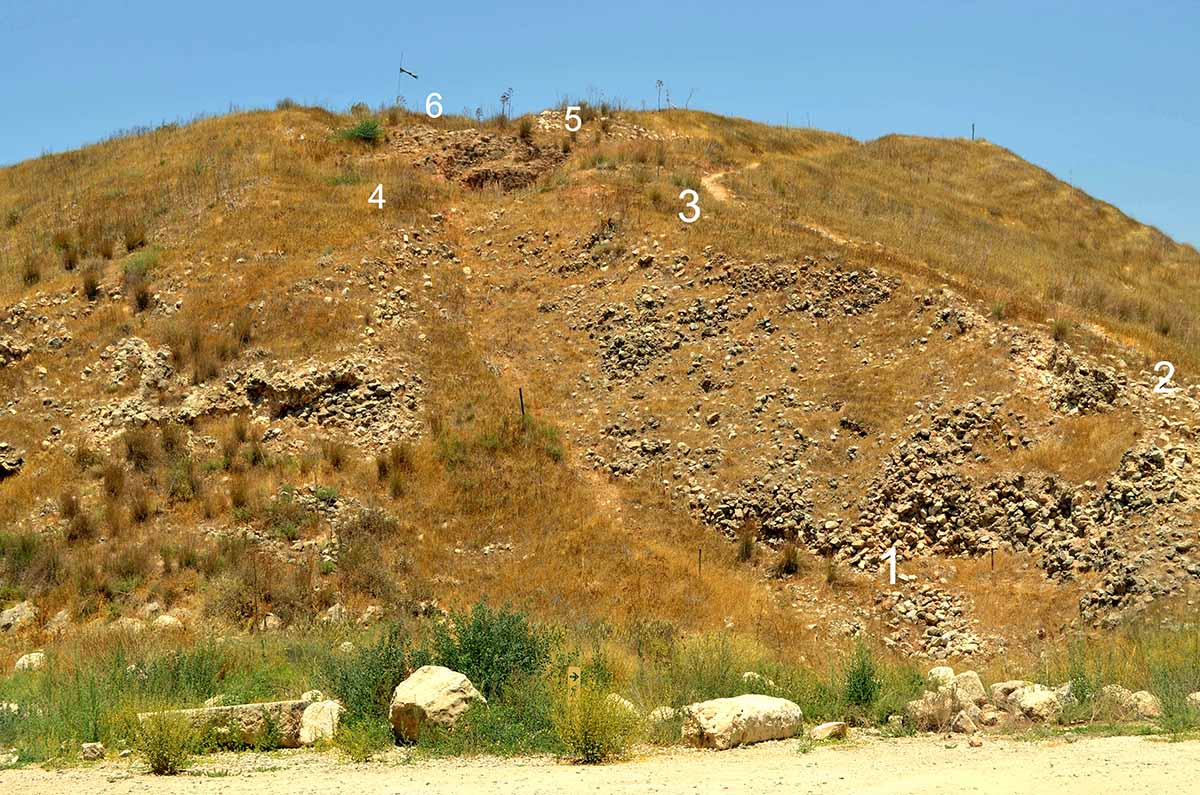 Los seis lugares de la rampa asiria donde se recuperaron y pesaron las piedras.