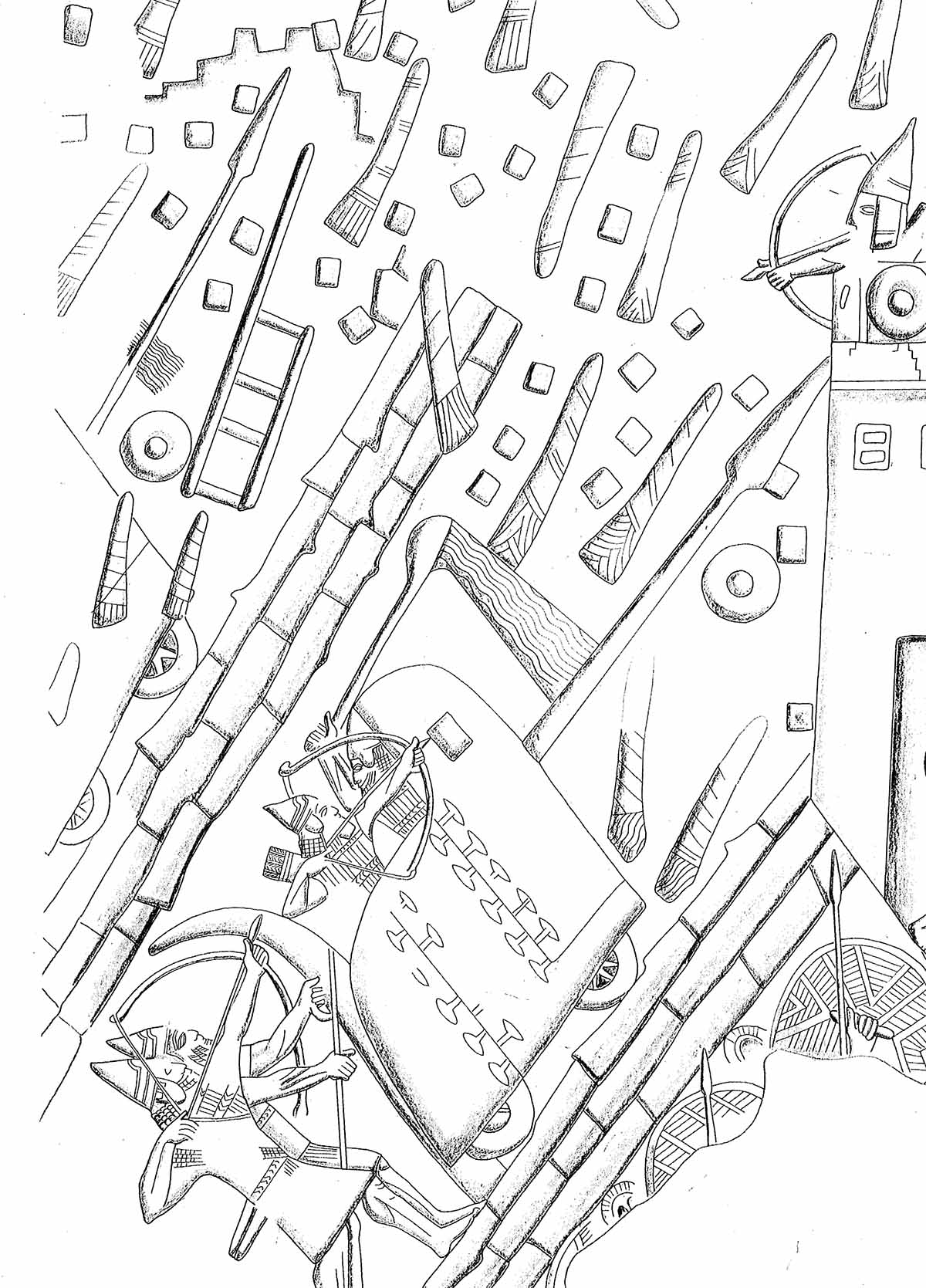 Un pequeño segmento de las rampas de asedio asirio en el relieve de Laquis descubierto en el palacio de Senaquerib. Tenga en cuenta el motor de asedio con sus ruedas en un camino pavimentado. Dibujo de Judith Dekel.