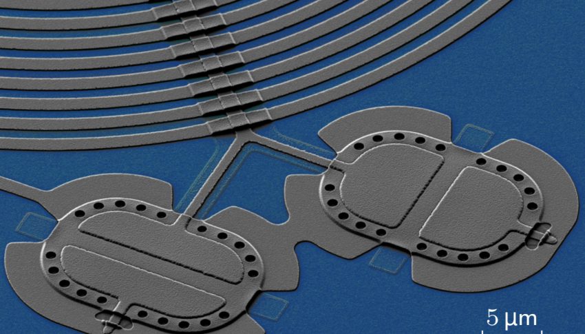La imagen microscópica muestra 2 parches de tambor de aluminio utilizados por los investigadores. Crédito J. Teufel, NIST.