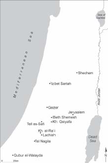 Mapa de Canaán y ubicación de los sitios con inscripciones cananeas mencionados en el texto.