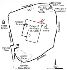 Mapa de Tel Lachish y las áreas de excavación. El peine fue encontrado en el Área AA.